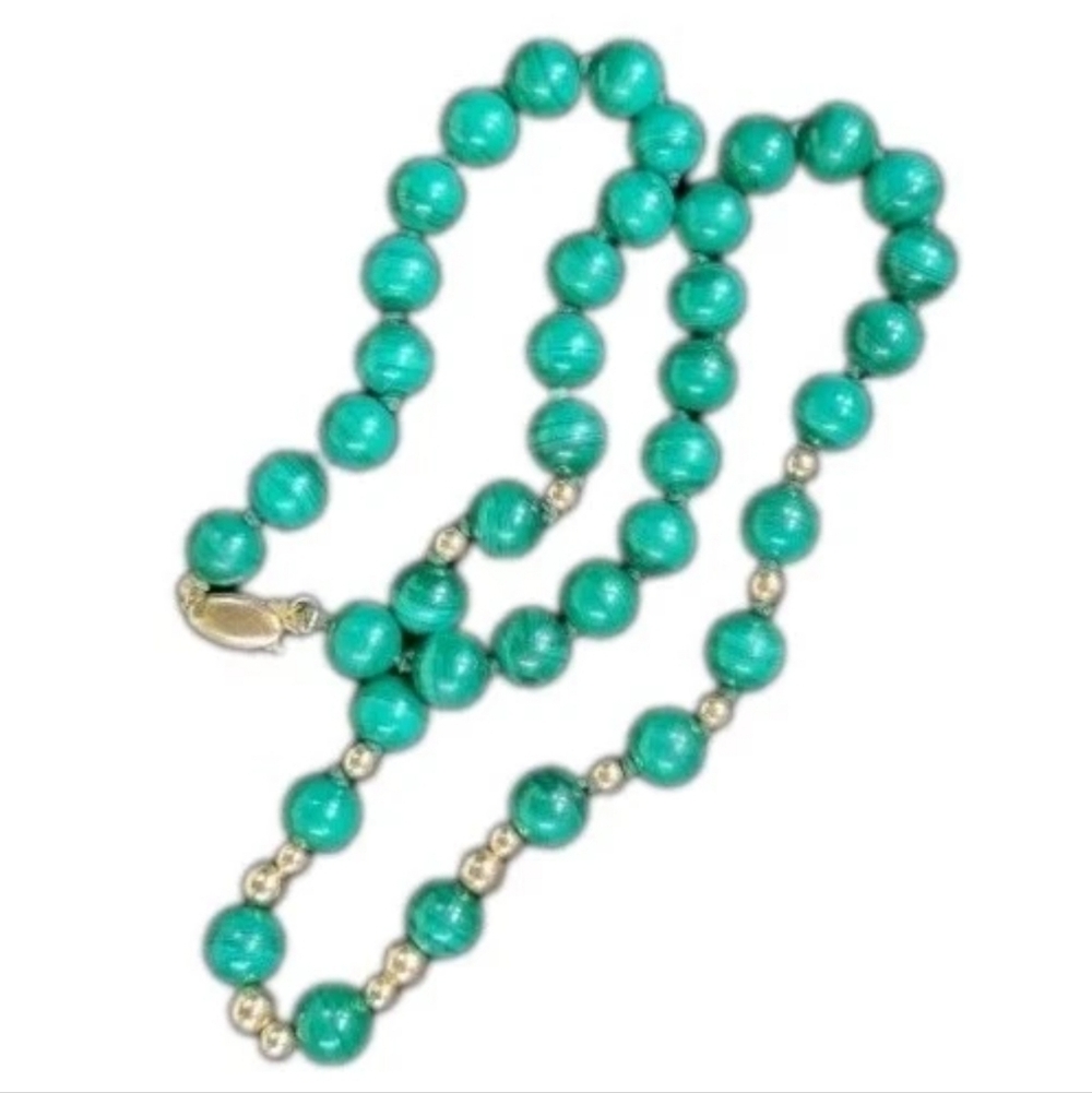 14k Gold Malachite Beaded Strand Necklace-Gemstone Necklace-Estate Jewelry 44.4g